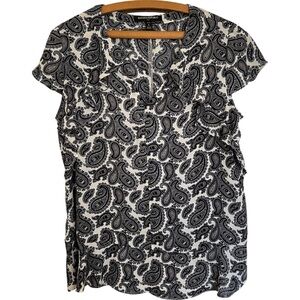 Banana Republic Petite Paisley Printed Blouse Black Tan and White